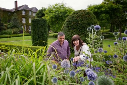 Smiling couple exploring a manicured hotel garden with trimmed hedges and purple globe thistles