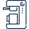 Family of four enjoying coffee together on a sunlit resort terrace with sea views and greenery, smiling and relaxed (visible icon of coffee machine)