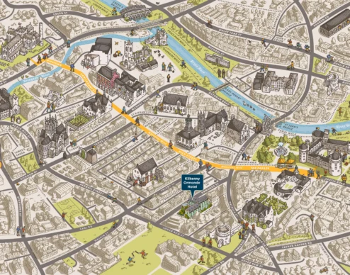 Illustrated city map with families and couples walking riverside, parks and historic streets, labelled Kilkenny Ormonde Hotel (map view)